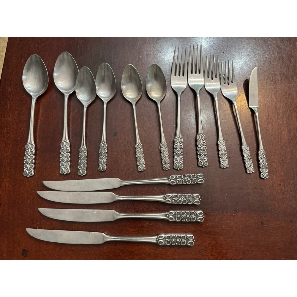 15pc National Stainless Japan Claudia Flatware Set Vintage Scroll Design Silver